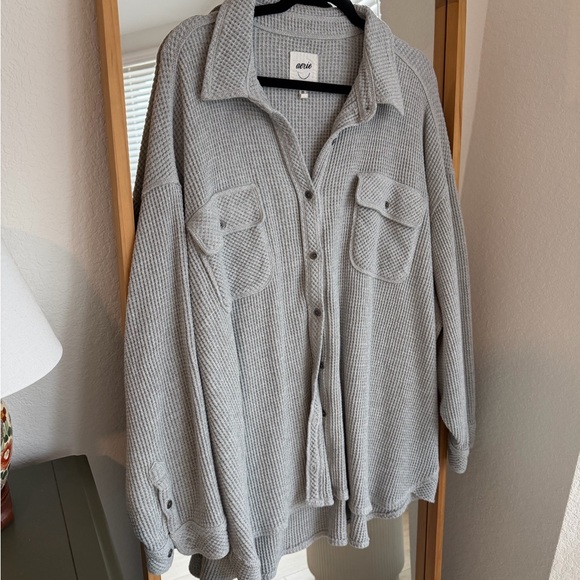 aerie Tops - Aerie Light Gray Waffle-Knit Button-Front Shirt